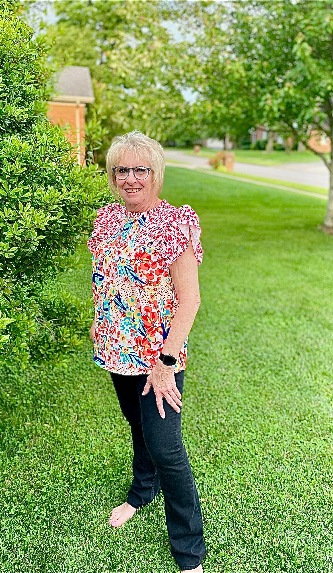 Red floral puffy sleeve summer blouse